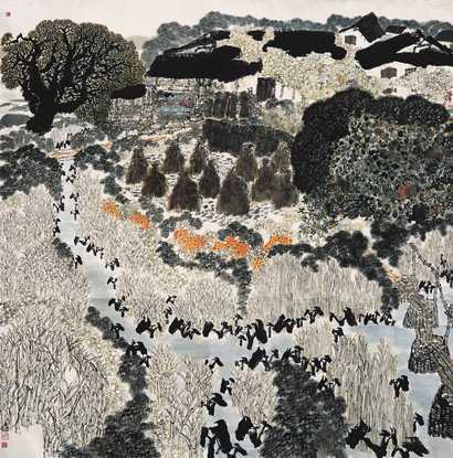 张修竹  山村秋色 镜心